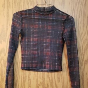 Very cute black and red plaid, sheer, cropped, faux turtle-neck top. EUC